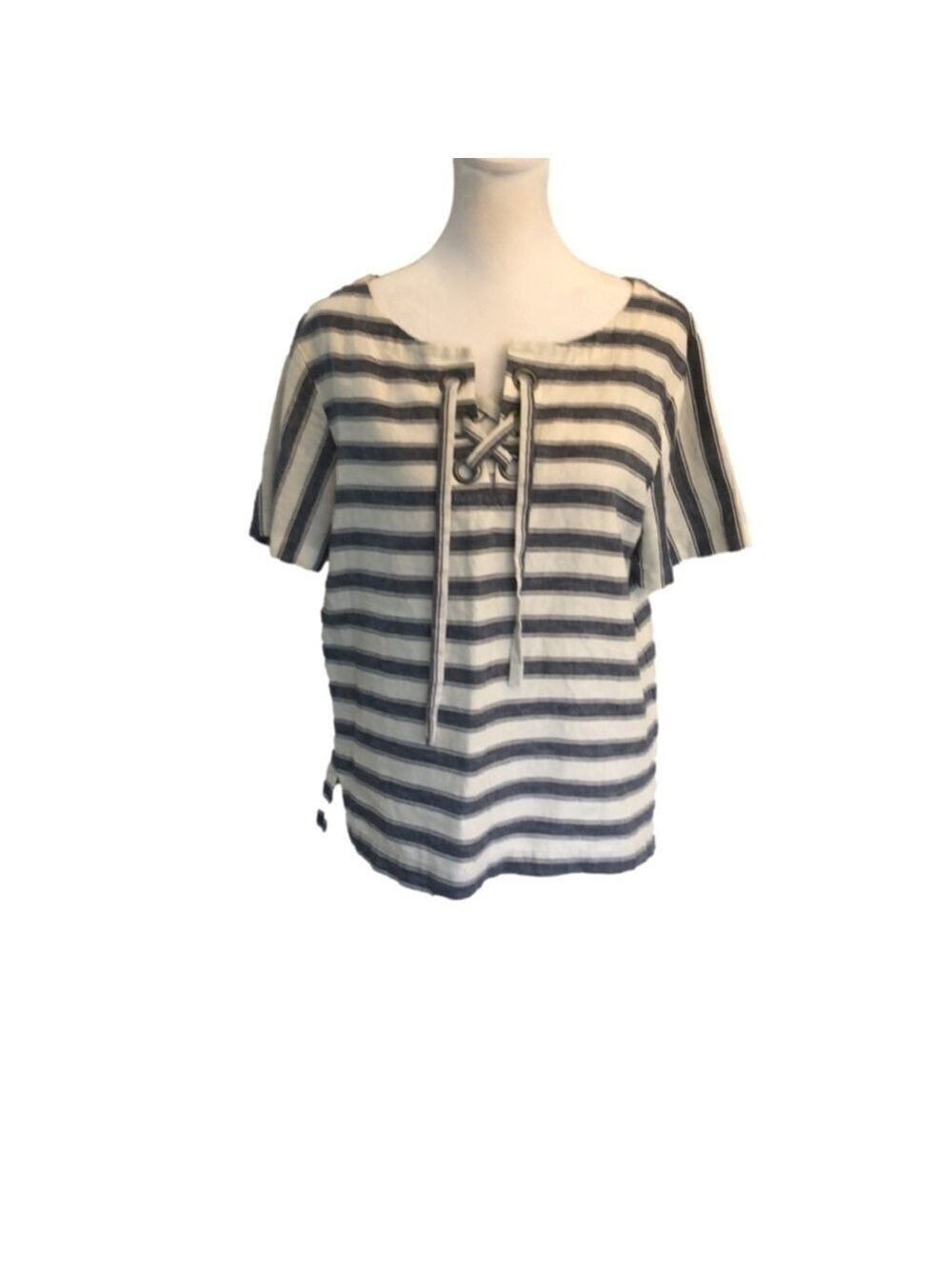 Madewell Size XS top linen cotton stripes lace up short sleeve boxy fit